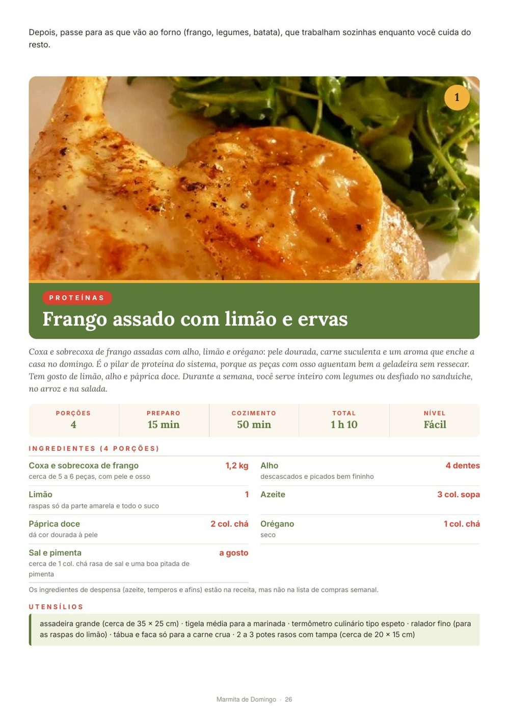 Página de receita do ebook Marmita de Domingo: frango assado com limão e ervas